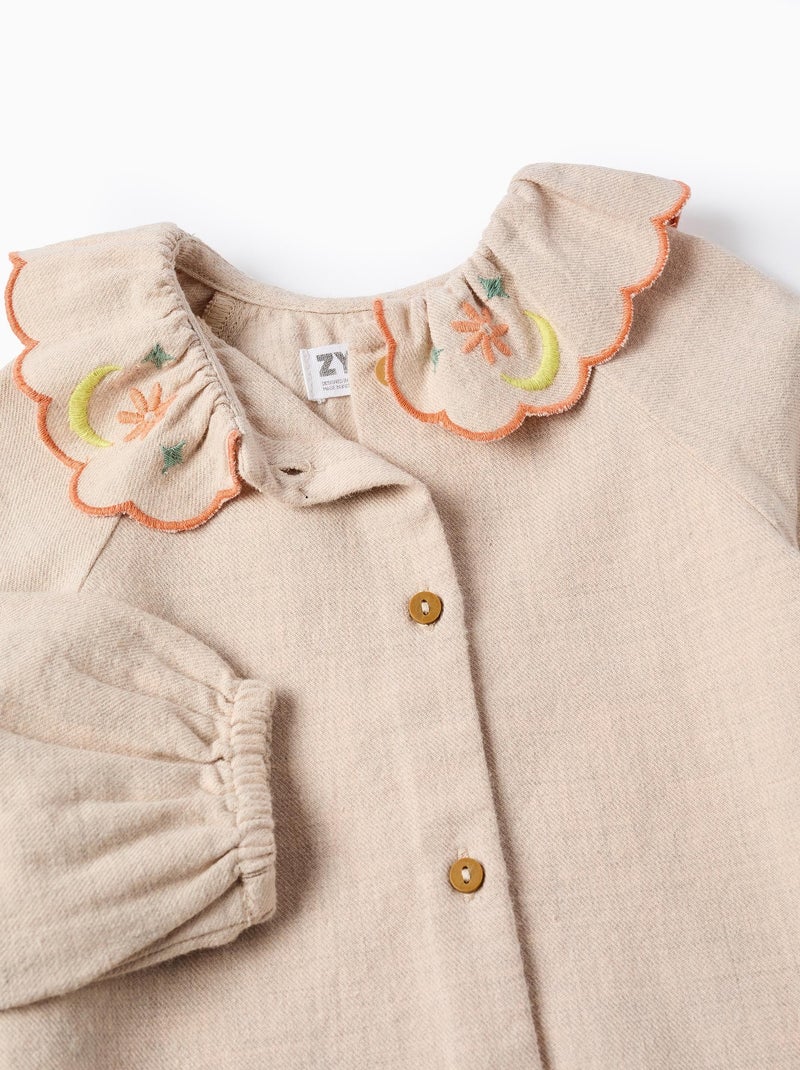 Chemise en Sergé Brodée de Fleurs Beige clair - Kiabi