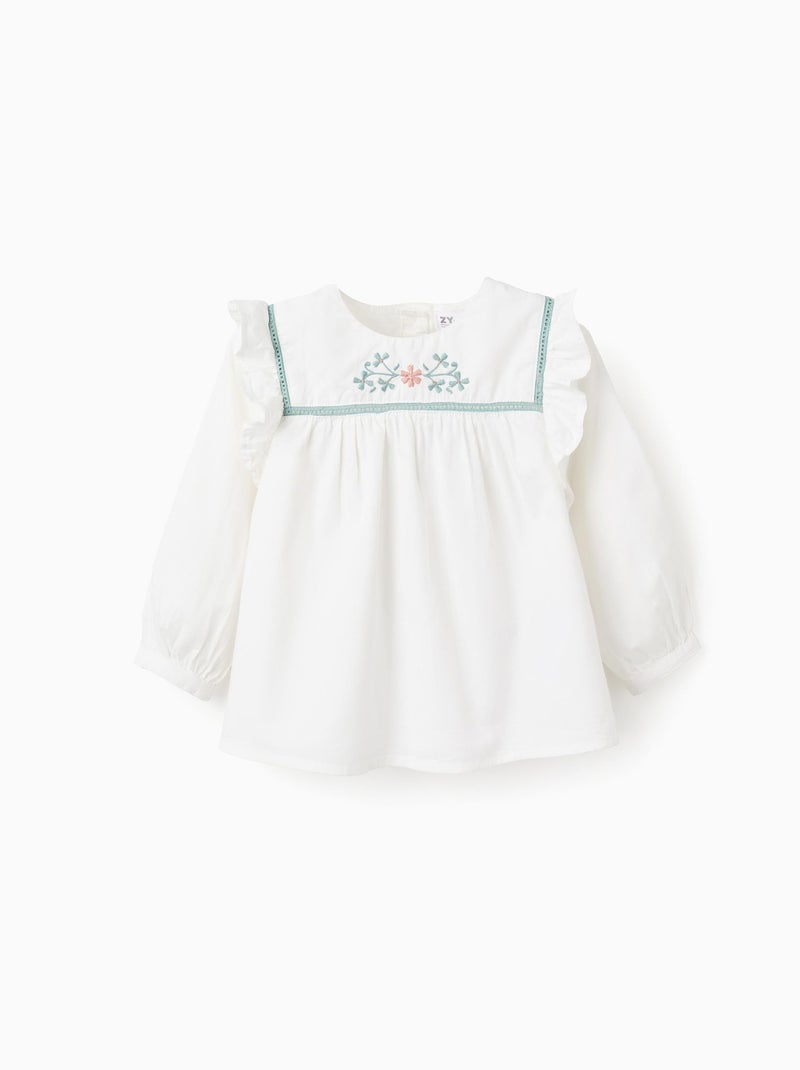 Chemise en Sergé Léger Brodée de Fleurs Blanc - Kiabi