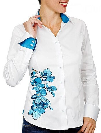 Chemise femme brodée coupe cintrée PAIGE Andrew Mac Allister Blanc , Bleu , 34