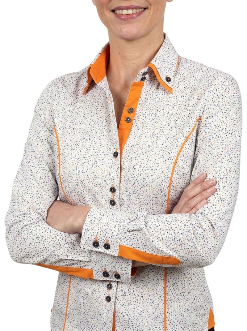 Chemise femme cintrée double col tissu imprimé ROMY Andrew Mc Allister Blanc Orange - Kiabi