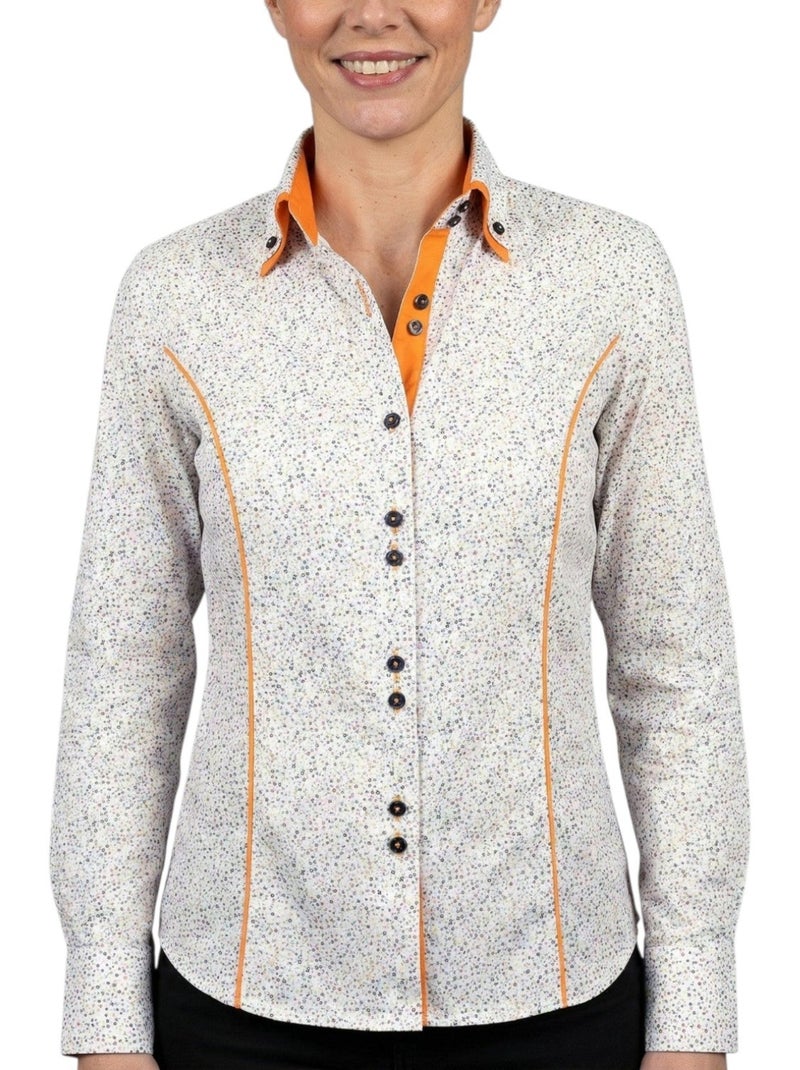 Chemise femme cintrée double col tissu imprimé ROMY Andrew Mc Allister Blanc Orange - Kiabi
