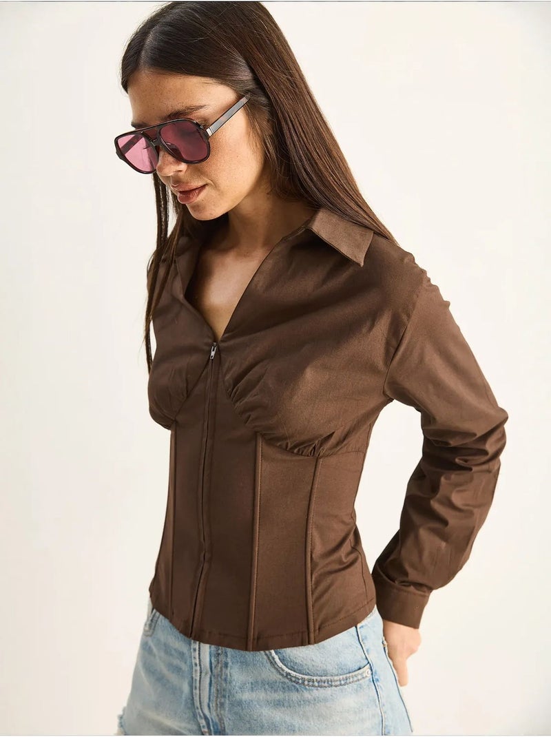 Chemise femme courte cintrée lucci Marron - Kiabi