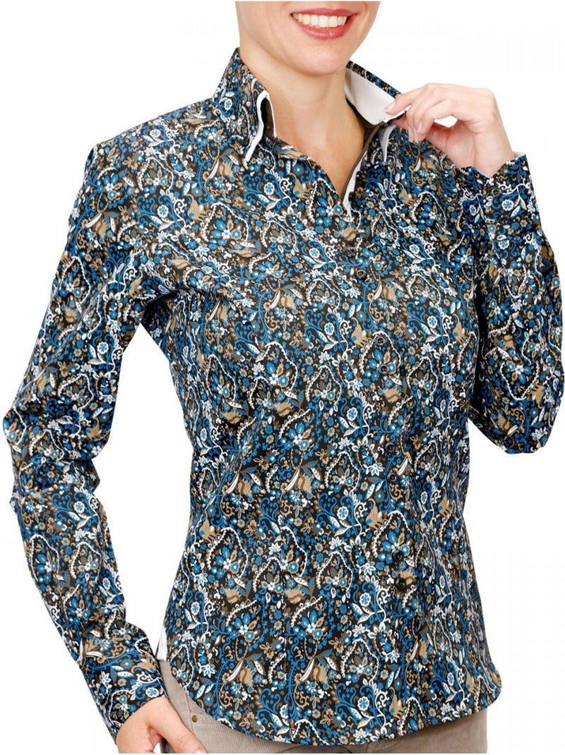 Chemise femme double col imprimée coupe cintrée PENNY Andrew Mac Allister Bleu - Kiabi