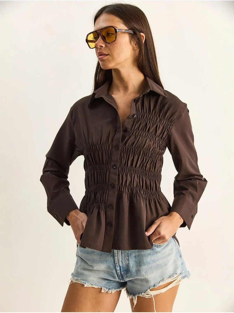 Chemise femme en popeline de mélange de coton coupe normale lucci Marron - Kiabi