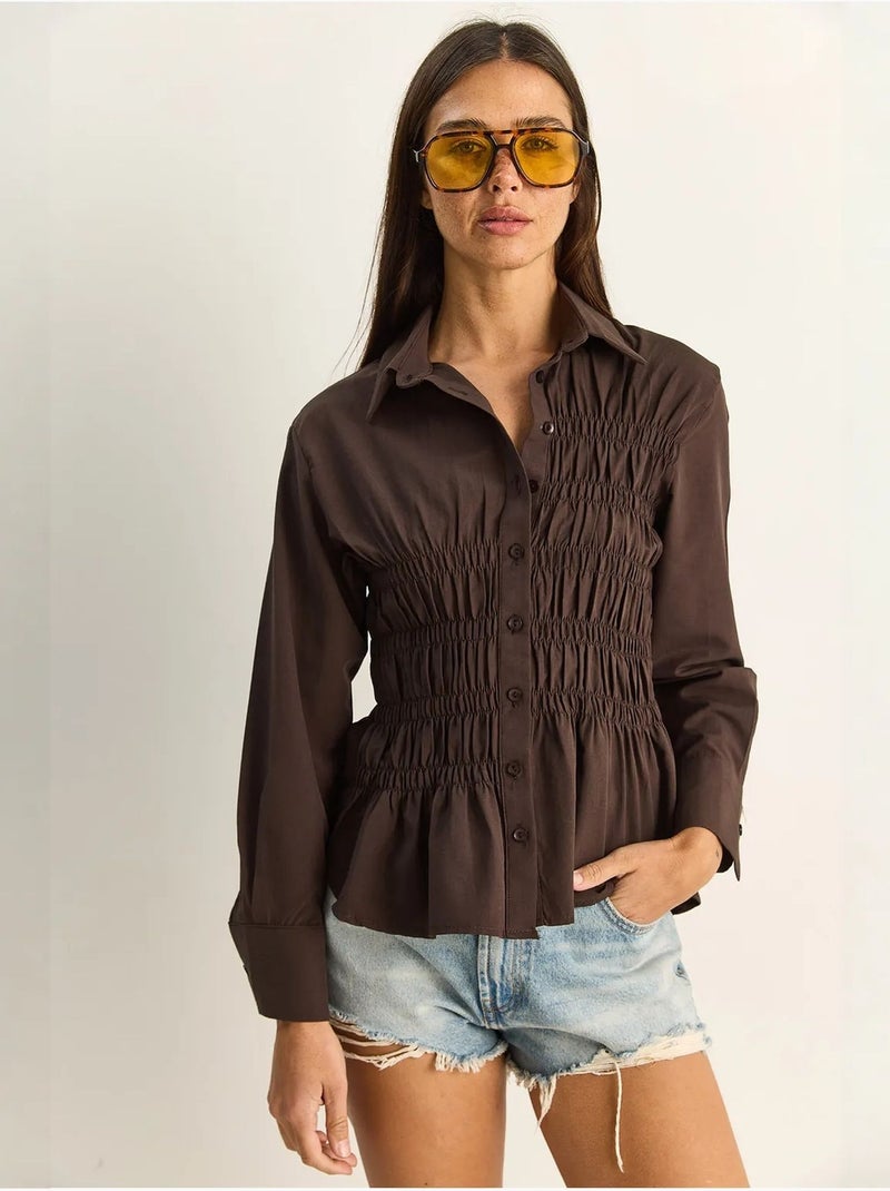 Chemise femme en popeline de mélange de coton coupe normale lucci Marron - Kiabi
