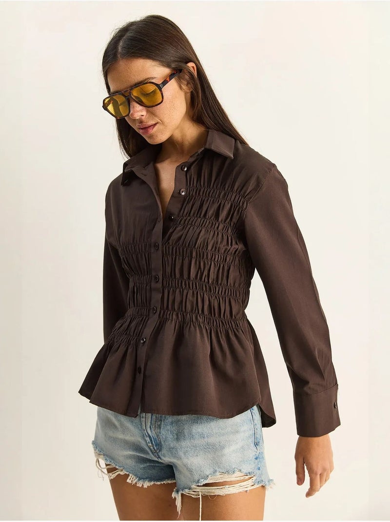 Chemise femme en popeline de mélange de coton coupe normale lucci Marron - Kiabi