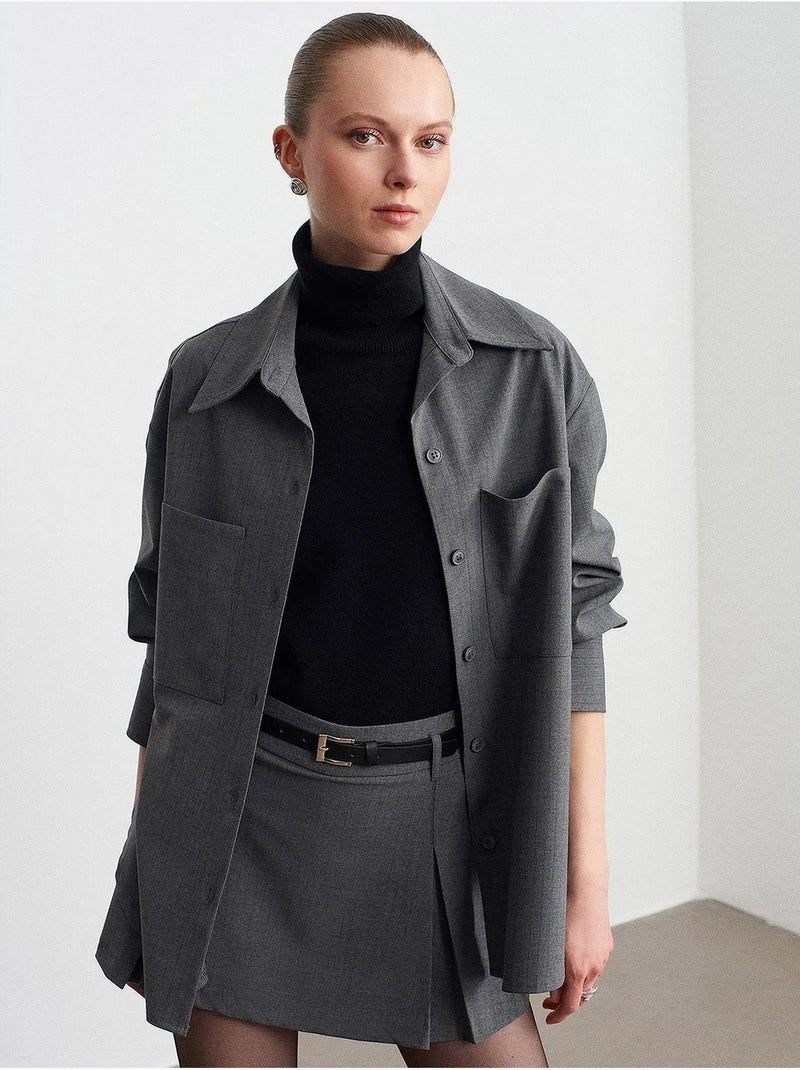 Chemise femme longue oversize à poche dilvin Gris Noir - Kiabi