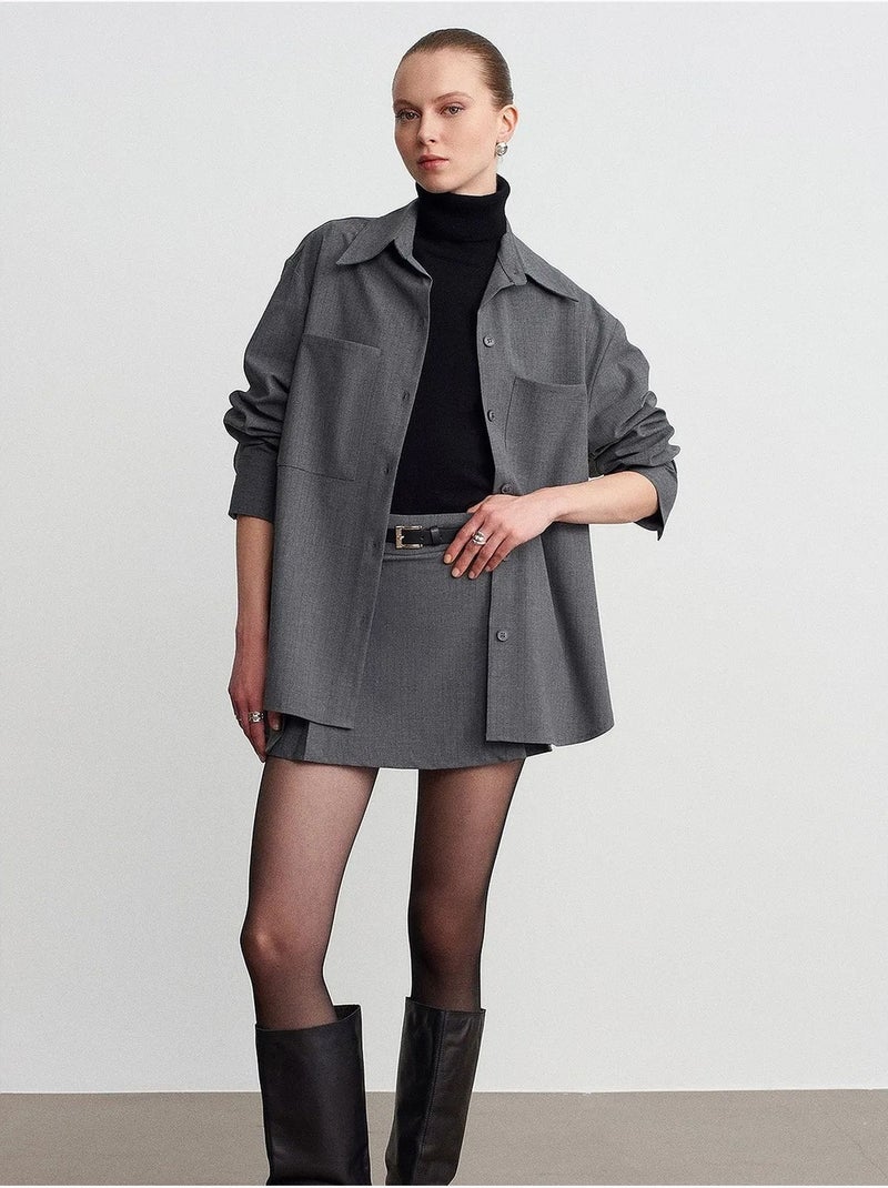 Chemise femme longue oversize à poche dilvin Gris Noir - Kiabi