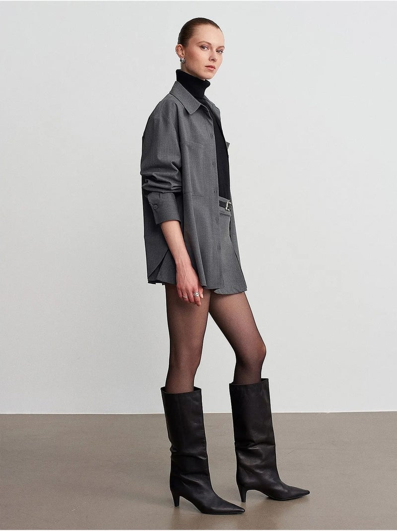 Chemise femme longue oversize à poche dilvin Gris Noir - Kiabi