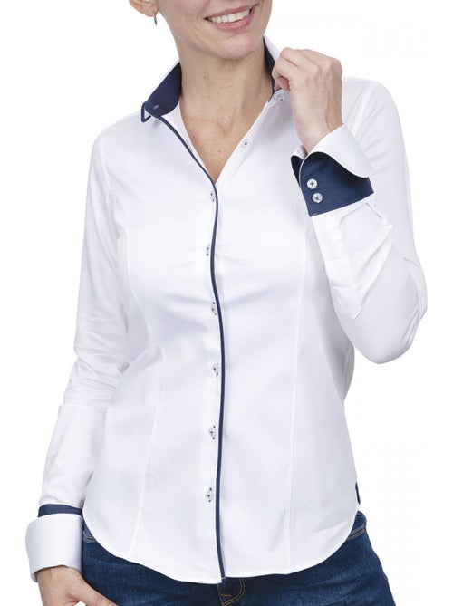 Chemise femme napolitaine coupe cintrée ASHLEY Andrew Mac Allister Blanc , Bleu , 48 - Kiabi Chemise femme napolitaine coupe cintrée ASHLEY Andrew Mac Allister Blanc , Bleu , 48 - Kiabi