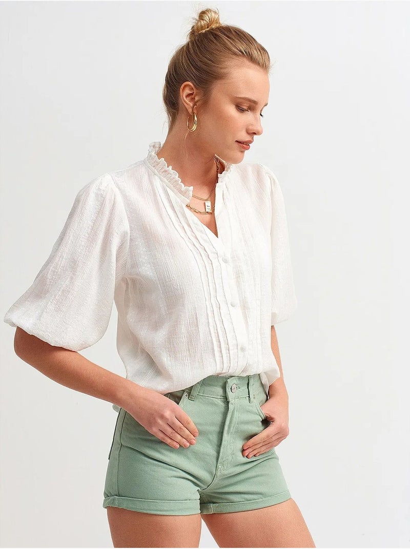 Chemise femme unie à col mao, tissée dilvin Blanc - Kiabi