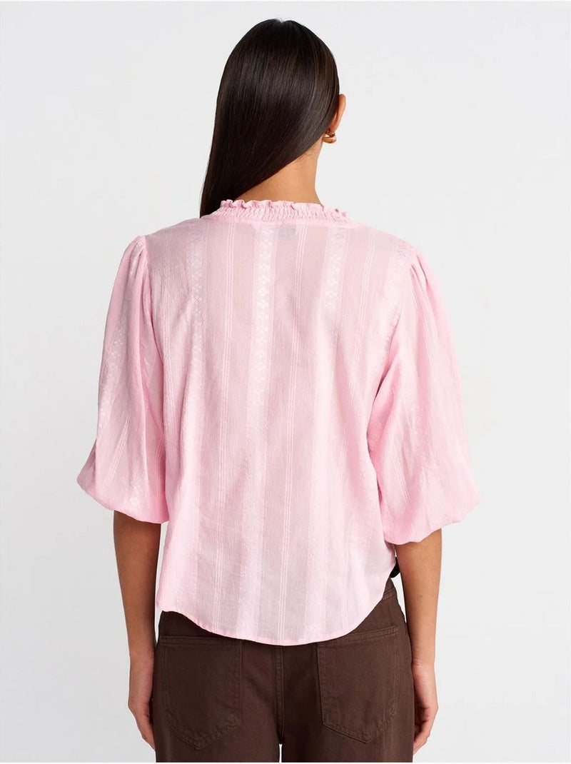 Chemise femme unie à col mao, tissée dilvin Rose - Kiabi