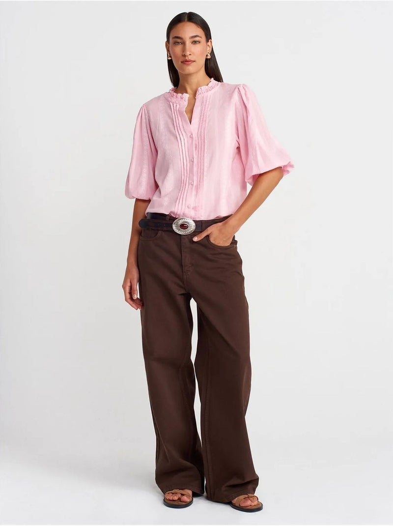 Chemise femme unie à col mao, tissée dilvin Rose - Kiabi