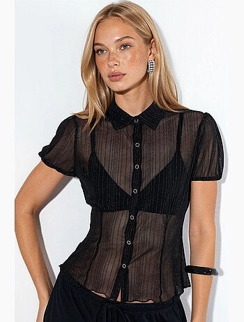 Chemise femme unie à manches courtes en maille ajourée busem