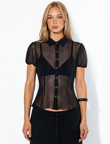 Chemise femme unie à manches courtes en maille ajourée busem