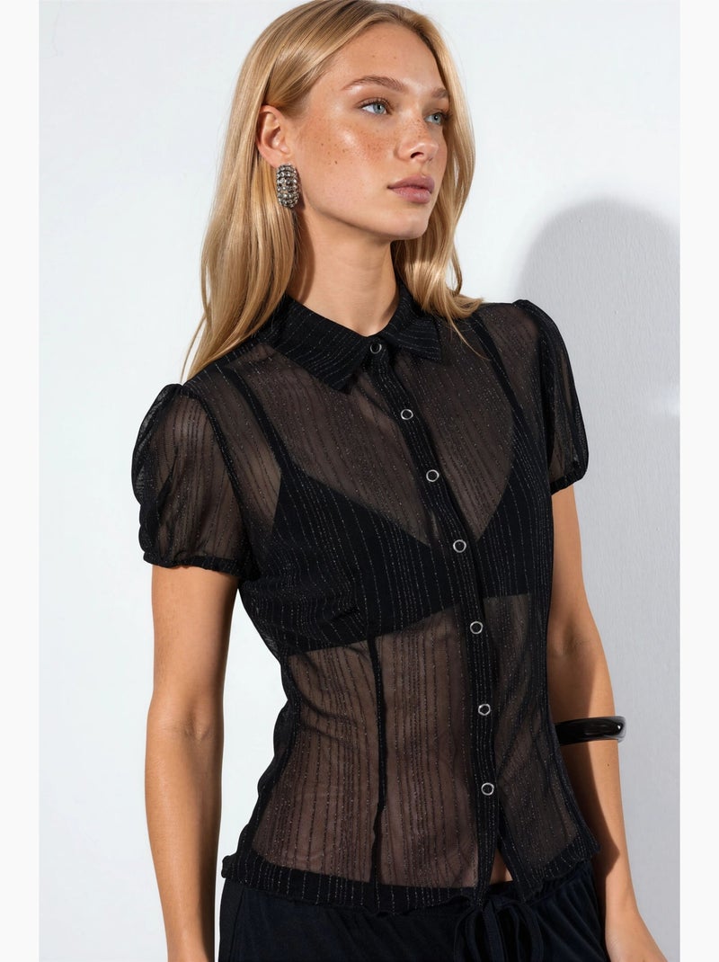 Chemise femme unie à manches courtes en maille ajourée busem Noir - Kiabi