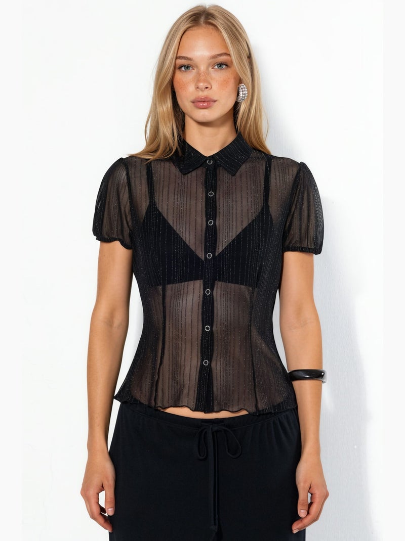 Chemise femme unie à manches courtes en maille ajourée busem Noir - Kiabi