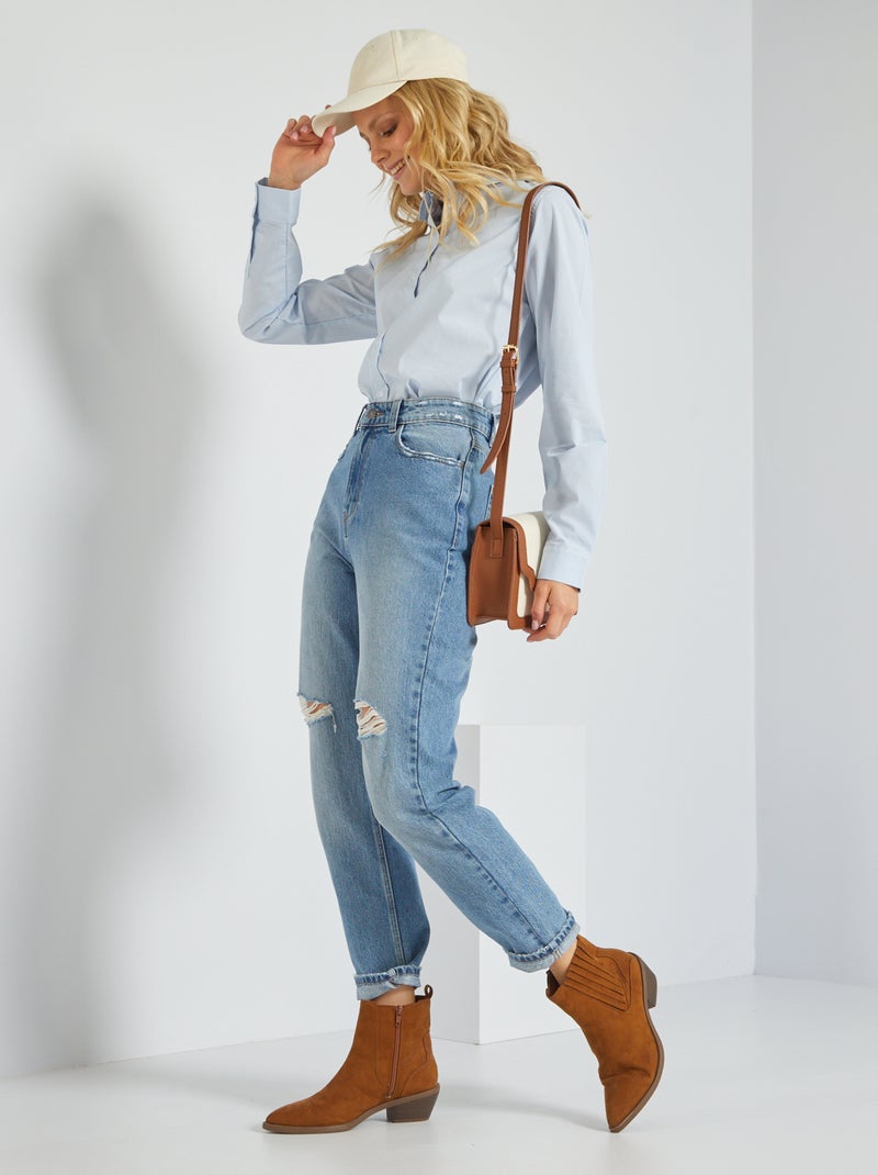 Chemise fittée col italien Bleu rayé - Kiabi