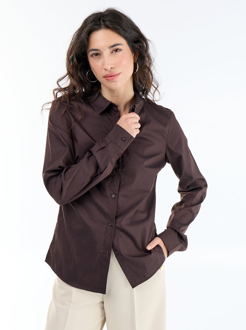 Chemise fittée col italien Marron - Kiabi