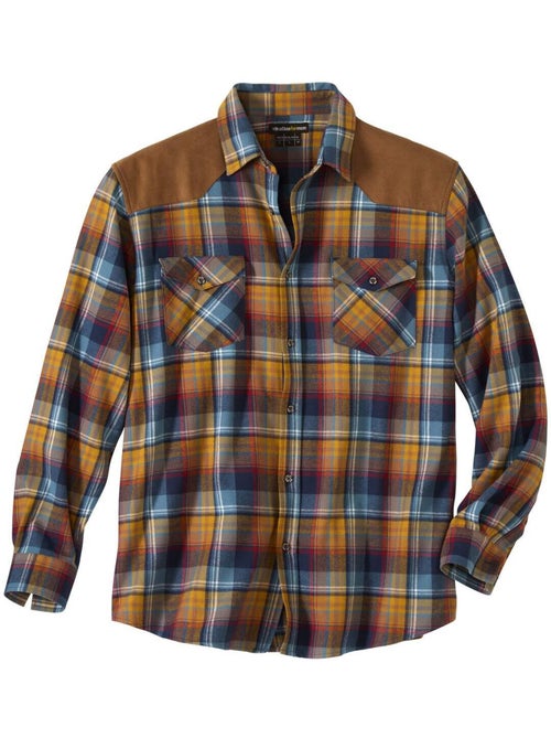 Chemise Flanelle Carreaux Empiècements Suédine   - ATLAS FOR MEN - Kiabi