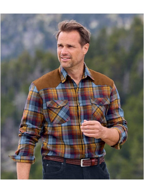 Chemise Flanelle Carreaux Empiècements Suédine   - ATLAS FOR MEN - Kiabi