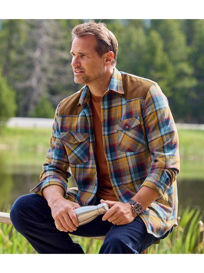 Chemise Flanelle Carreaux Empiècements Suédine   - ATLAS FOR MEN Bleu Marron - Kiabi