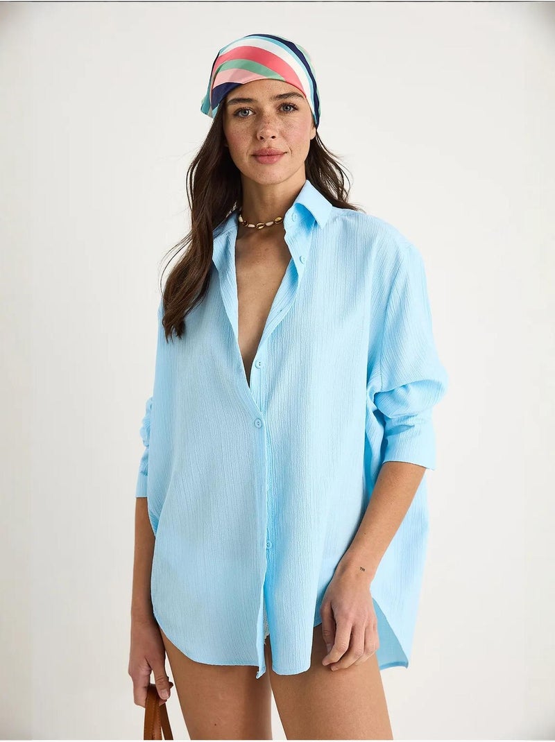 Chemise froissée basique surdimensionnée à épaules dénudées bianco lucci Bleu ciel - Kiabi