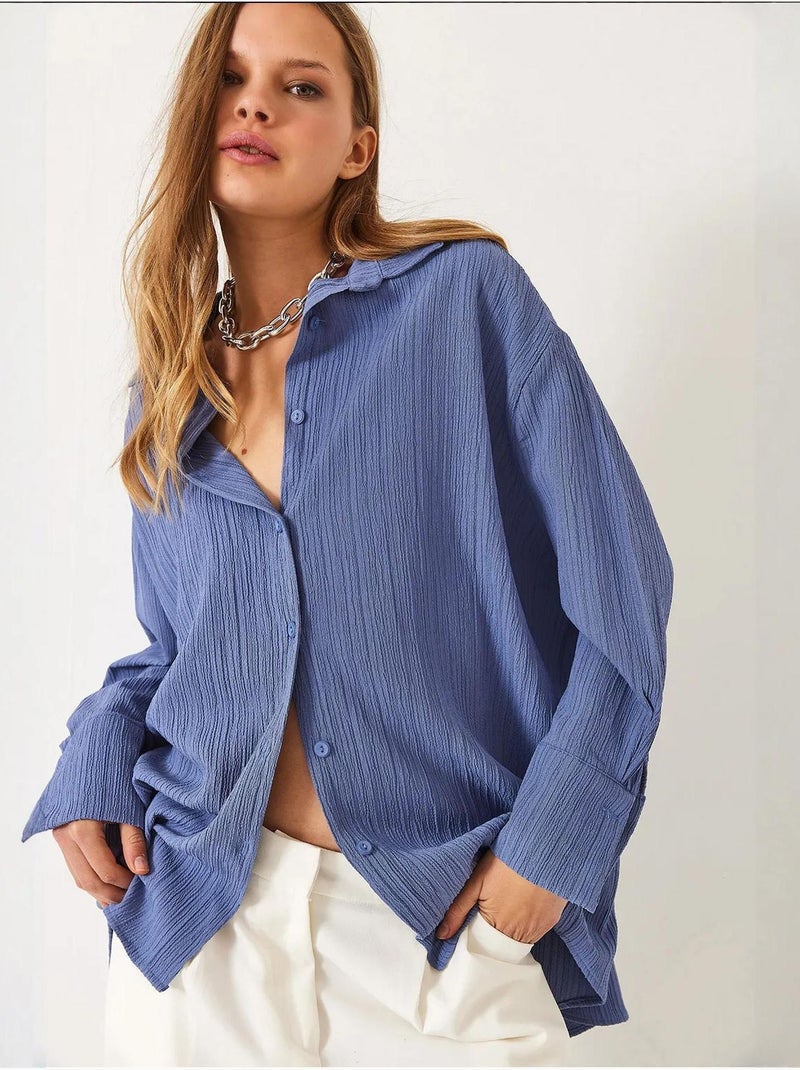 Chemise froissée basique surdimensionnée à épaules dénudées bianco lucci Bleu foncé - Kiabi