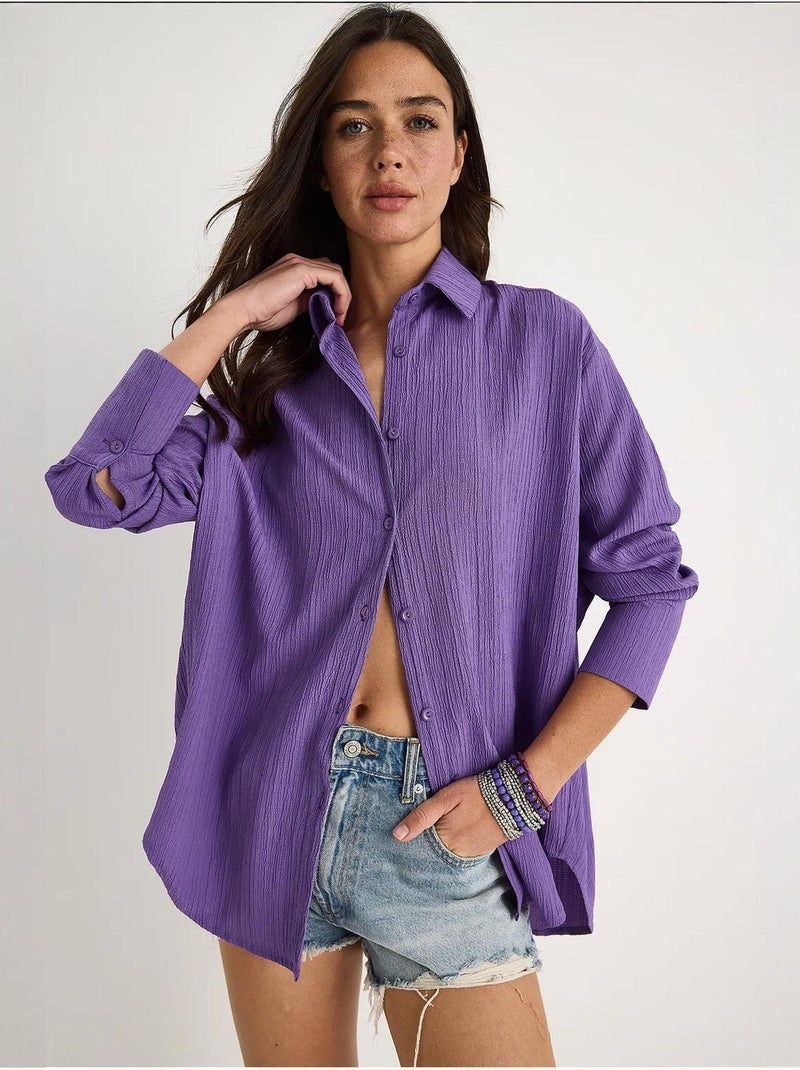 Chemise froissée basique surdimensionnée à épaules dénudées bianco lucci Bleu lavande - Kiabi