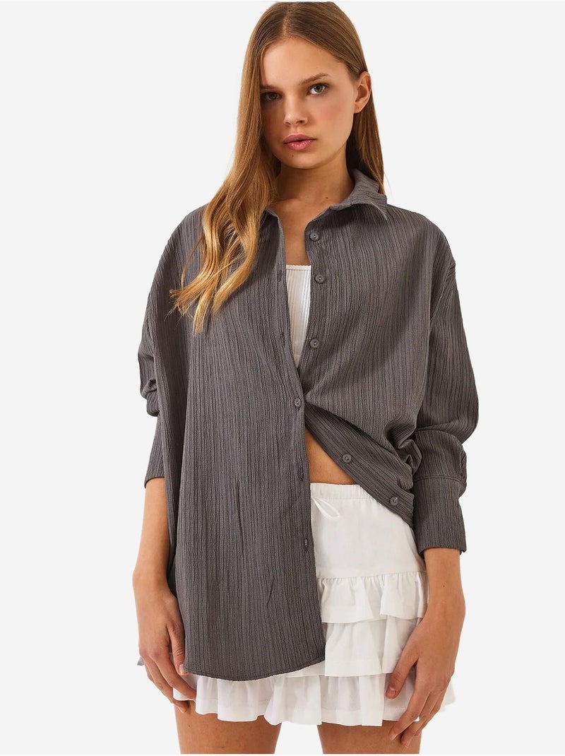 Chemise froissée basique surdimensionnée à épaules dénudées bianco lucci Gris Noir - Kiabi