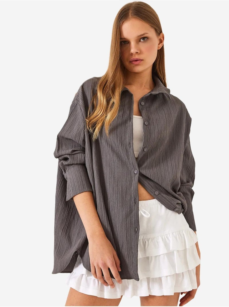 Chemise froissée basique surdimensionnée à épaules dénudées bianco lucci Gris Noir - Kiabi