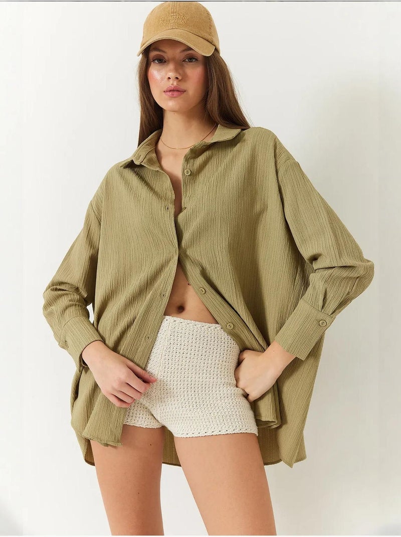 Chemise froissée basique surdimensionnée à épaules dénudées bianco lucci Kaki - Kiabi