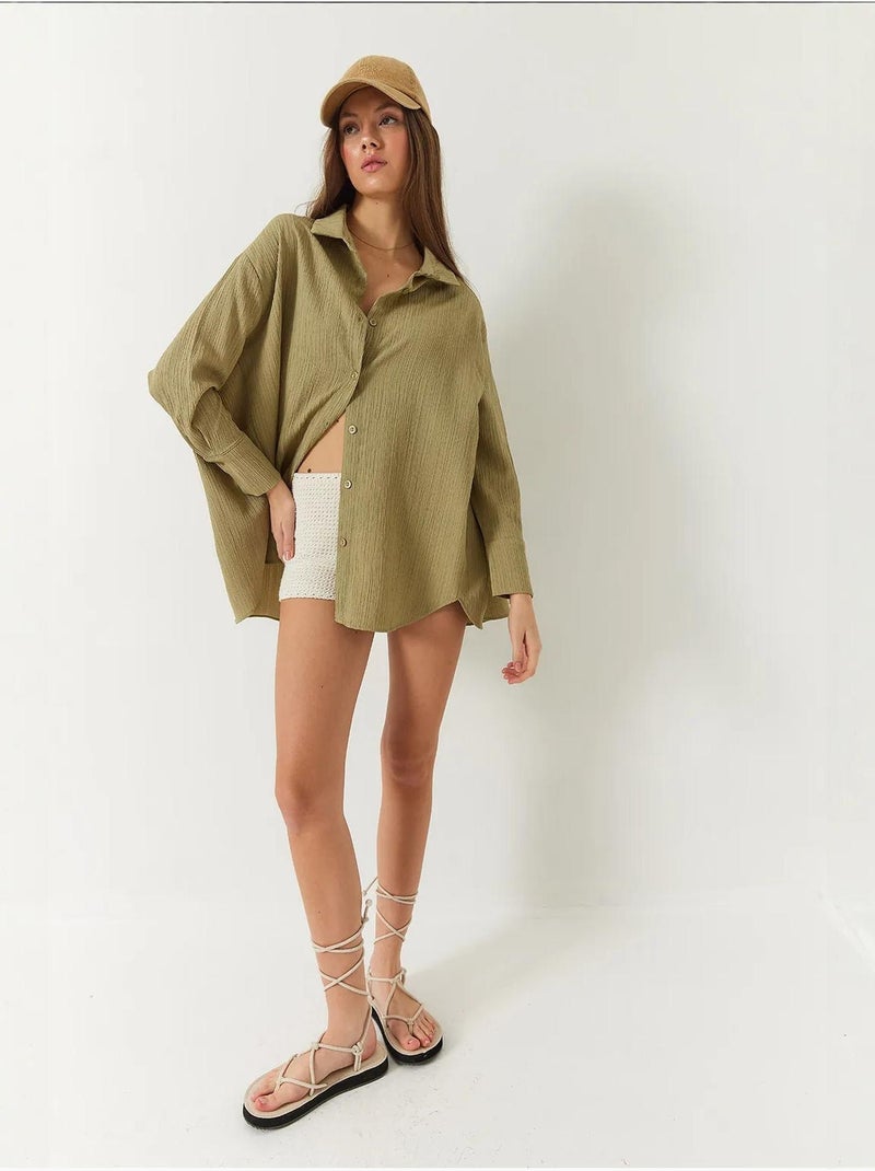 Chemise froissée basique surdimensionnée à épaules dénudées bianco lucci Kaki - Kiabi