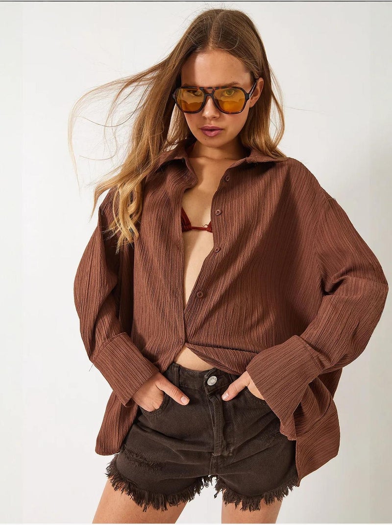 Chemise froissée basique surdimensionnée à épaules dénudées bianco lucci Marron - Kiabi