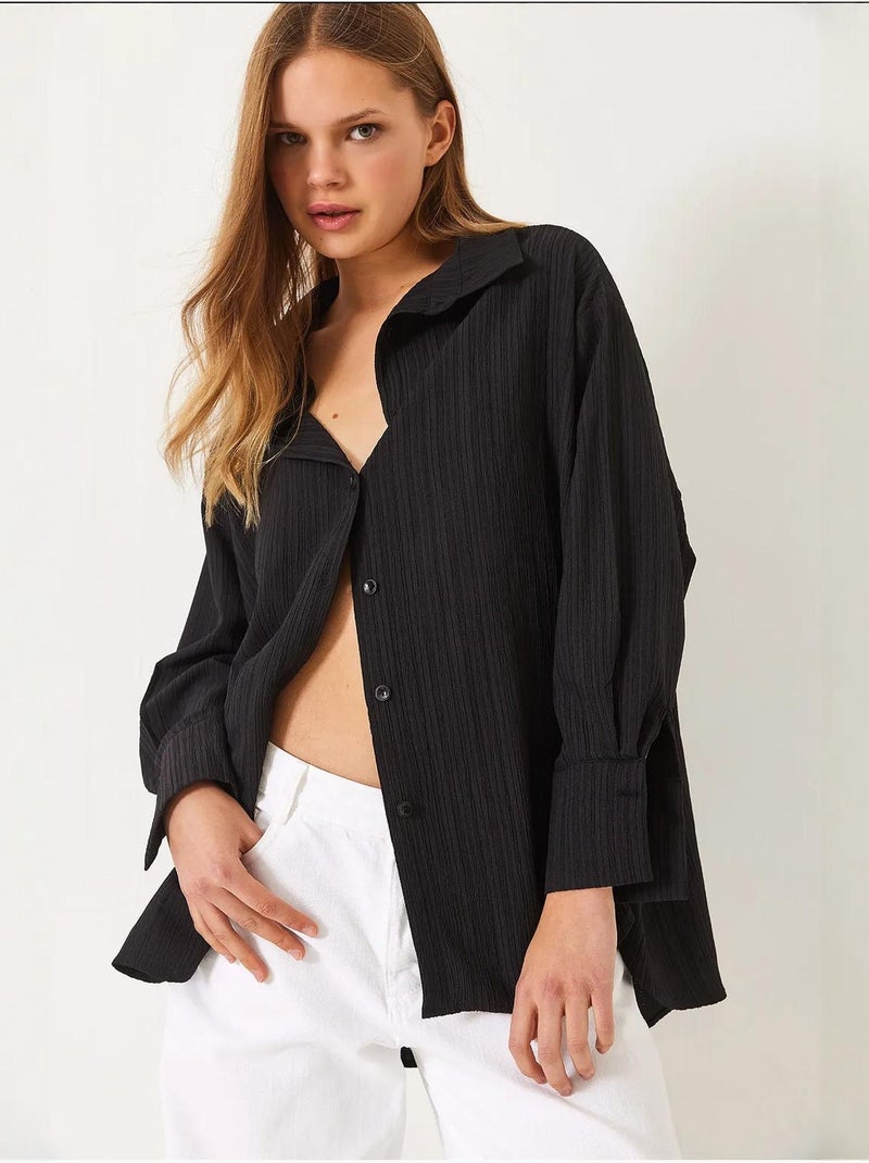 Chemise froissée basique surdimensionnée à épaules dénudées bianco lucci Noir - Kiabi