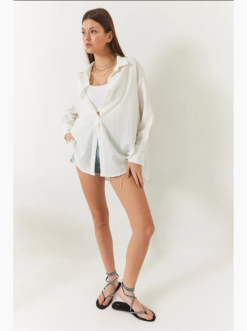 Chemise froissée basique surdimensionnée à épaules dénudées lucci Ivoire - Kiabi