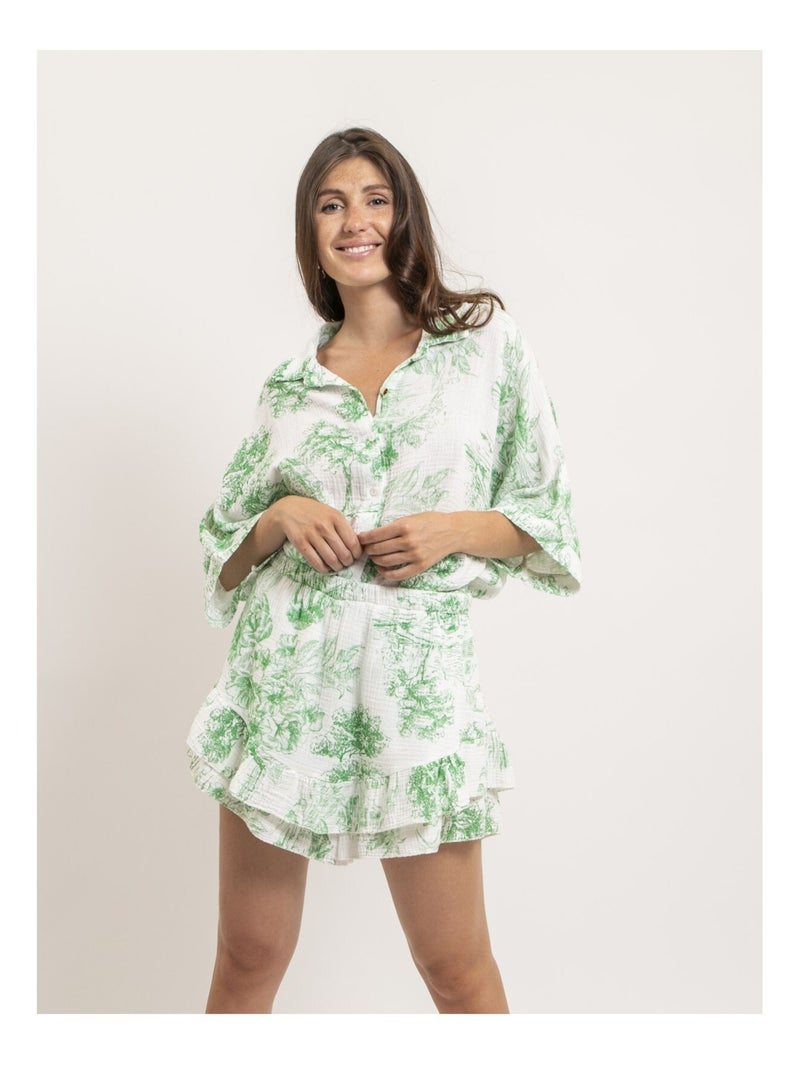 Chemise gaze de coton motifs toile de jouy OLEA Vert - Kiabi