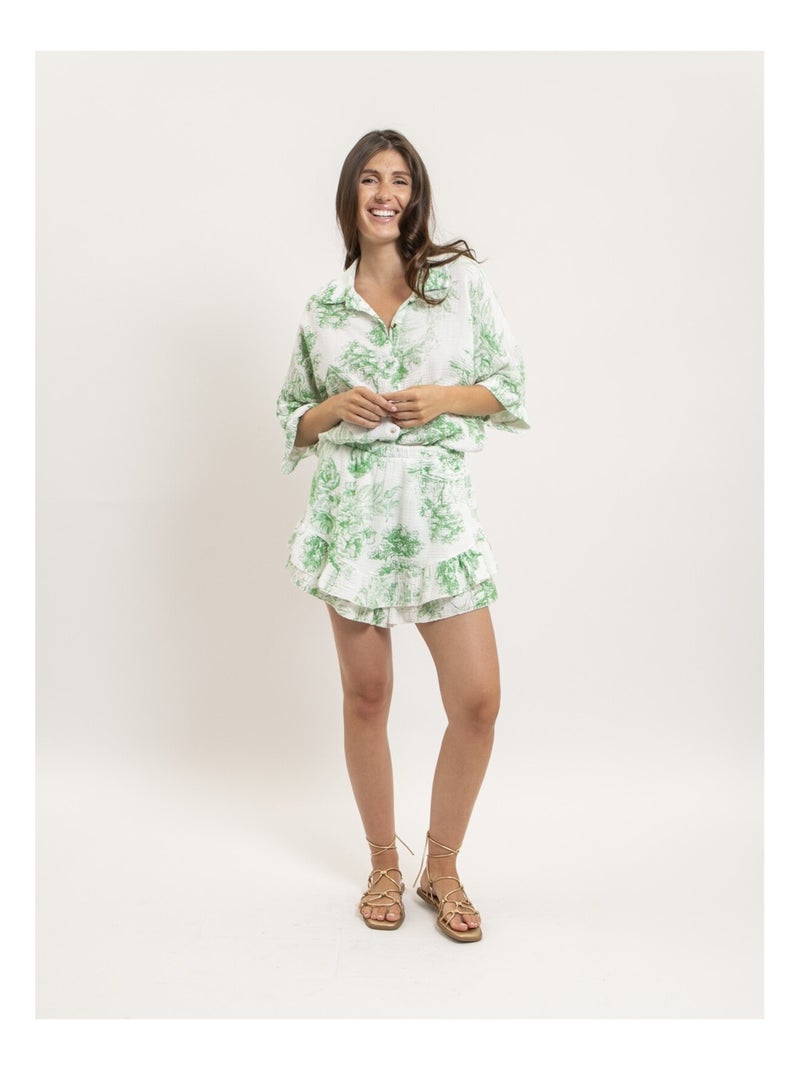 Chemise gaze de coton motifs toile de jouy OLEA Vert - Kiabi