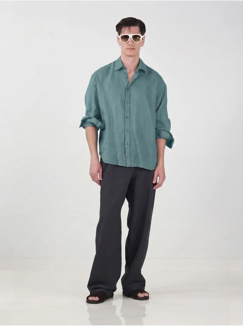 Chemise homme à manches longues en mélange de lin oversize giesto Bleu canard - Kiabi