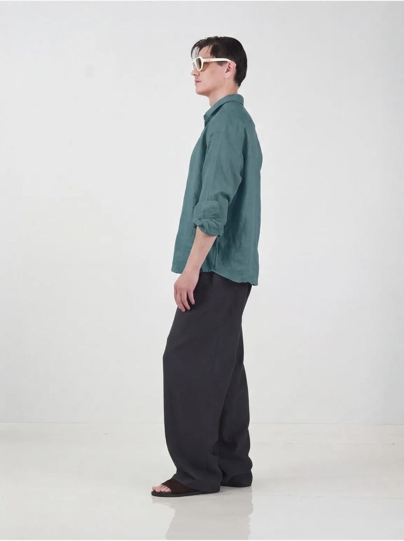 Chemise homme à manches longues en mélange de lin oversize giesto Bleu canard - Kiabi