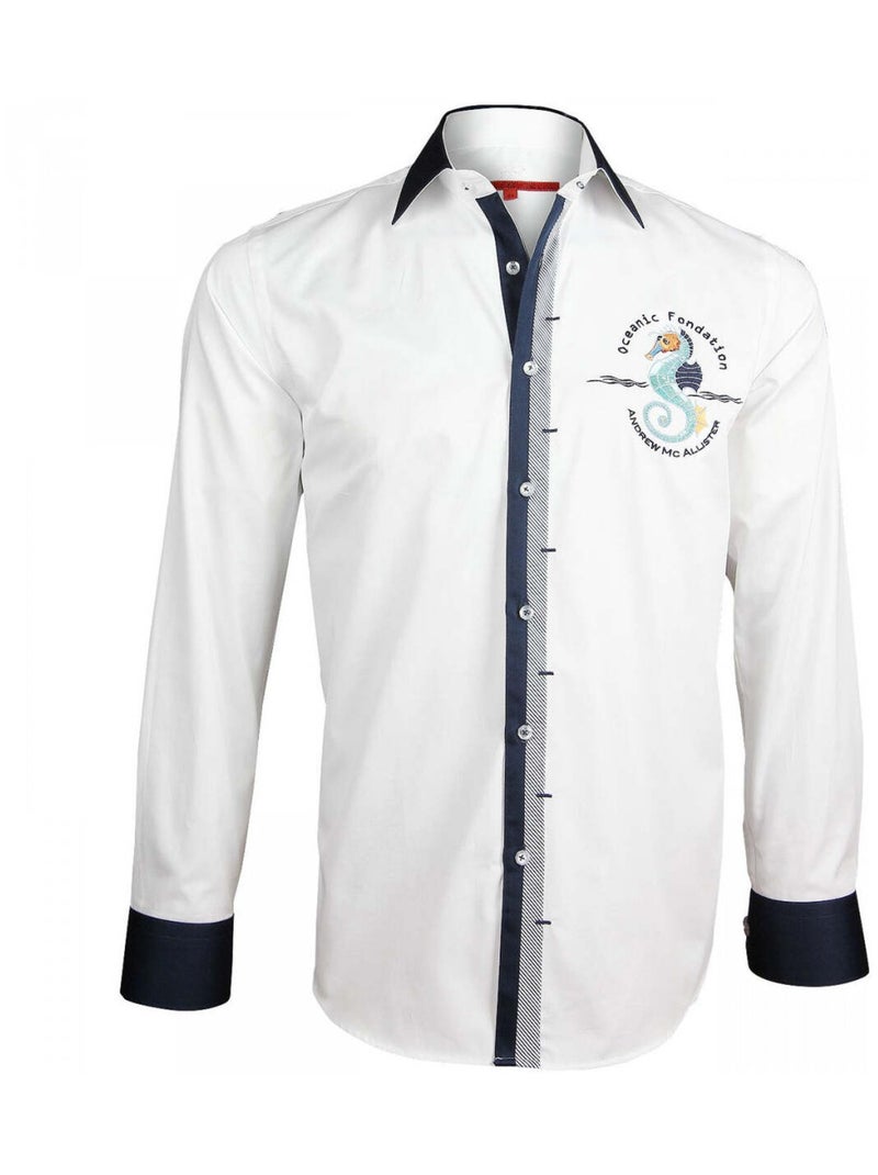 Chemise homme brodée coupe cintrée BLUE WORLD Andrew Mac Allister Blanc , 40 Blanc - Kiabi