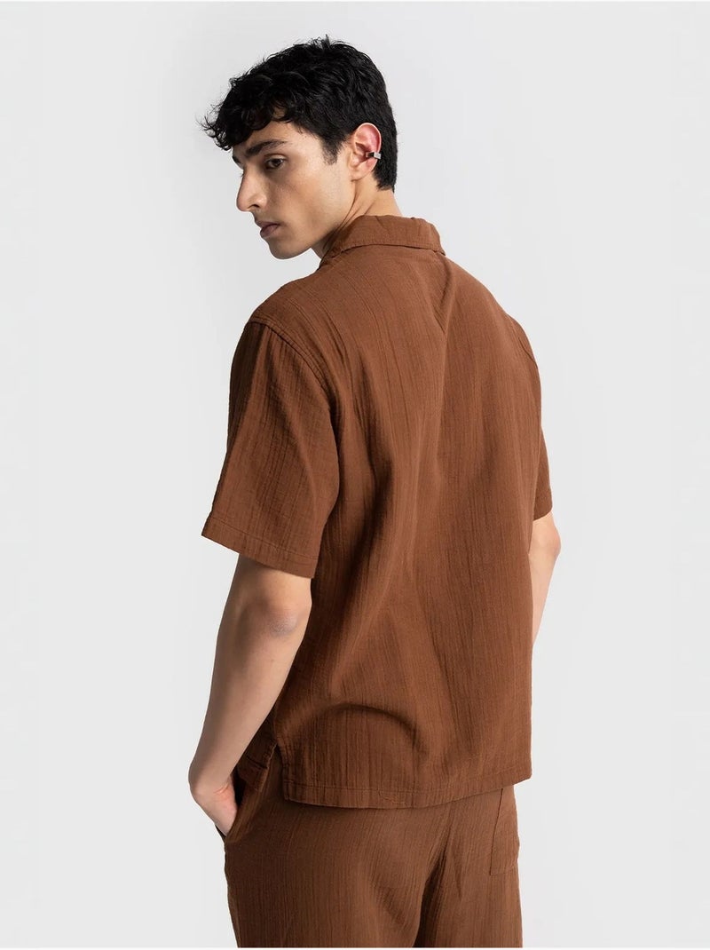 Chemise homme en coton à manches courtes coupe décontractée giesto Marron - Kiabi
