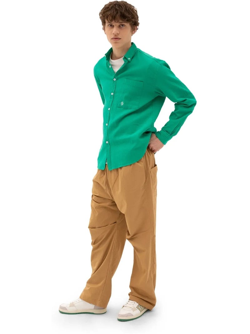 Chemise homme en coton à manches longues et col boutonné giesto Vert émeraude - Kiabi
