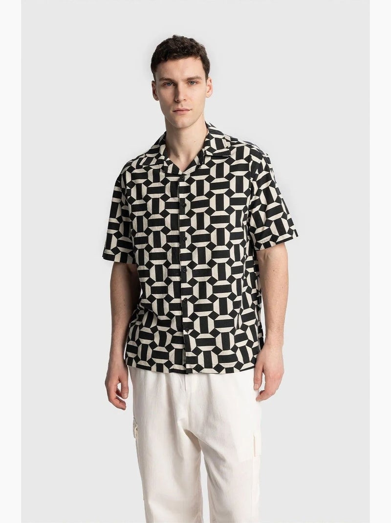 Chemise homme en popeline de coton à motif géométrique giesto Noir Blanc - Kiabi