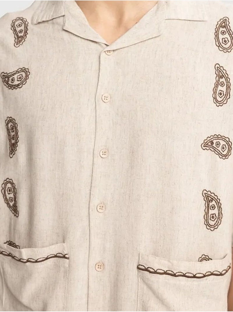 Chemise homme en popeline de coton brodée à manches courtes giesto Beige naturel - Kiabi