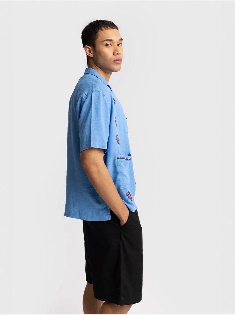 Chemise homme en popeline de coton brodée à manches courtes giesto Bleu - Kiabi
