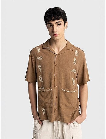 Chemise homme en popeline de coton brodée à manches courtes giesto