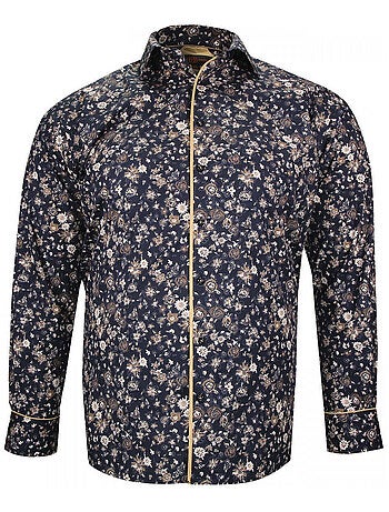 Chemise homme grande taille tissu imprimé coupe droite STAFLORE Doublissimo Beige , 47,48 3XL