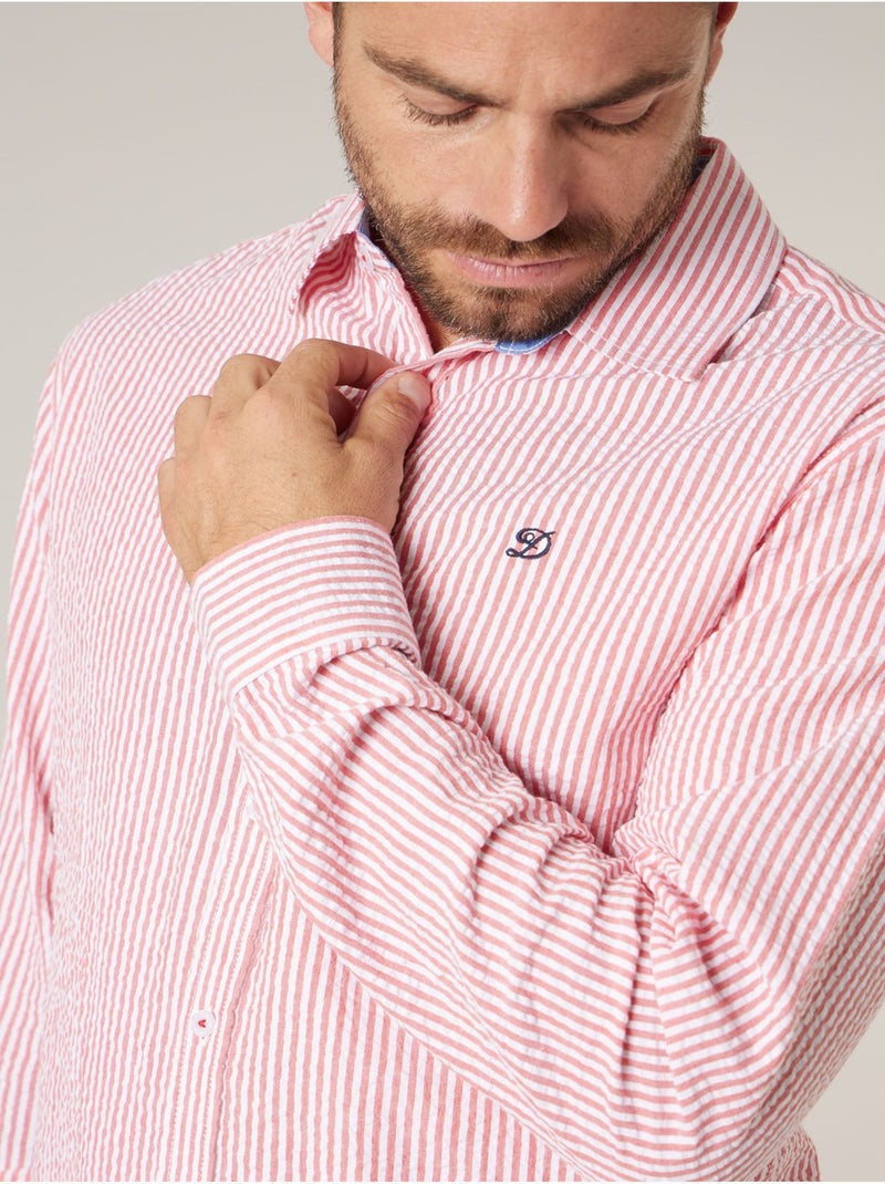 Chemise homme manches courtes en coton seersucker rayé 'Deeluxe' Rouge - Kiabi