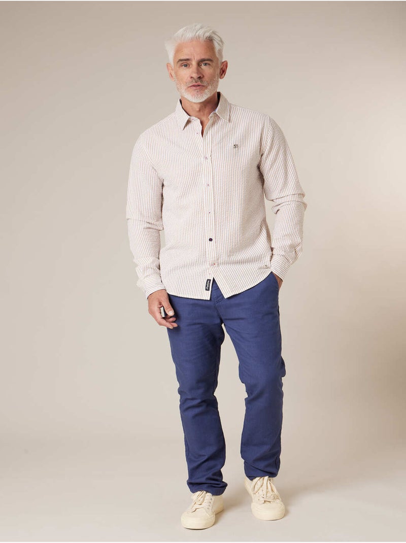 Chemise homme manches courtes en coton seersucker rayé 'Deeluxe' Vert kaki clair - Kiabi